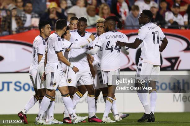 Dejan Joveljić of LA Galaxy celebrates with his teammates after scoring his team's first goal during the MLS game between LA Galaxy and FC Dallas at...