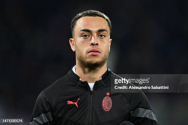 Sergino Dest of AC Milan looks on during the Serie A match between ACF Fiorentina and AC MIlan at Stadio Artemio Franchi on March 04, 2023 in...