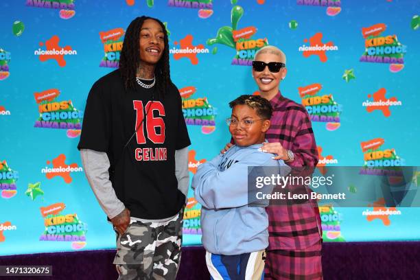 Wiz Khalifa, Sebastian Taylor Thomaz, and Amber Rose attends the 2023 Nickelodeon Kids' Choice Awards at Microsoft Theater on March 04, 2023 in Los...