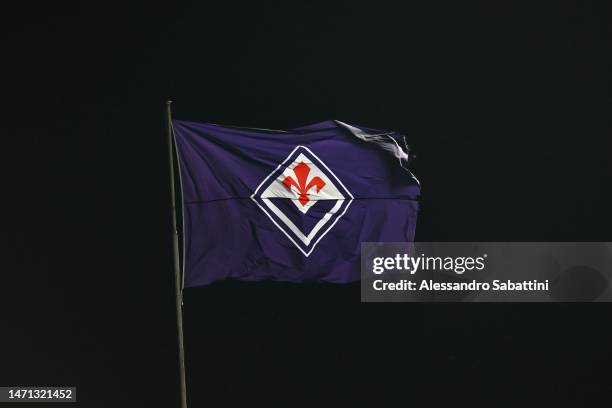 The flag of the ACF Fiorentin during the Serie A match between ACF Fiorentina and AC MIlan at Stadio Artemio Franchi on March 04, 2023 in Florence,...