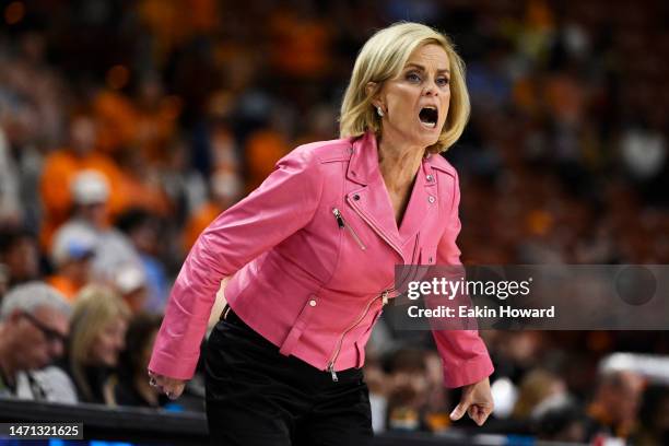 Head coach Kim Mulkey of the LSU Lady Tigers yells to her team against the Tennessee Lady Vols in the third quarter during the semifinals of the SEC...