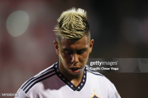 Efrain Alvarez of LA Galaxy gestures during the MLS game between LA Galaxy and FC Dallas at Toyota Stadium on March 4, 2023 in Frisco, Texas.