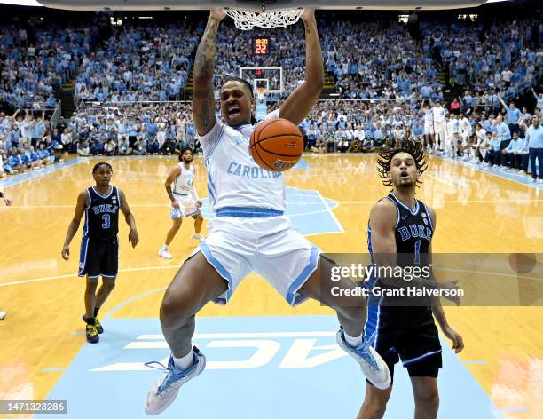 Armando Bacot of the North Carolina Tar Heels dunks against the Duke Blue Devils during the second half of their game at the Dean E. Smith Center on...