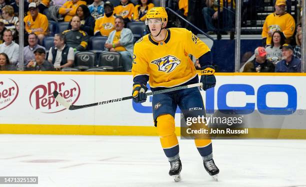 Cal Foote of the Nashville Predators skates against the Pittsburgh Penguins during an NHL game at Bridgestone Arena on February 28, 2023 in...