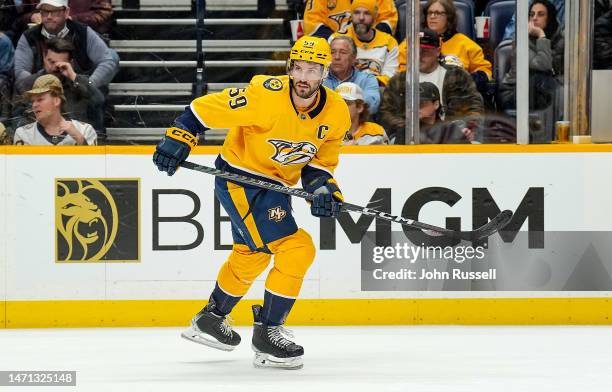 Roman Josi of the Nashville Predators skates against the Pittsburgh Penguins during an NHL game at Bridgestone Arena on February 28, 2023 in...