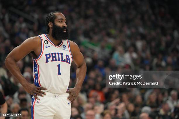 James Harden of the Philadelphia 76ers looks on in the first half of the game against the Milwaukee Bucks at Fiserv Forum on March 04, 2023 in...