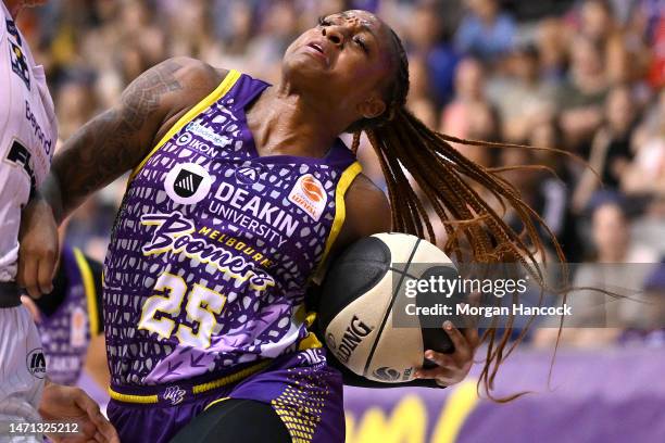 Tiffany Mitchell of the Boomers drives at the basket during the round 16 WNBL match between Melbourne Boomers and Sydney Flames at Melbourne Sports...