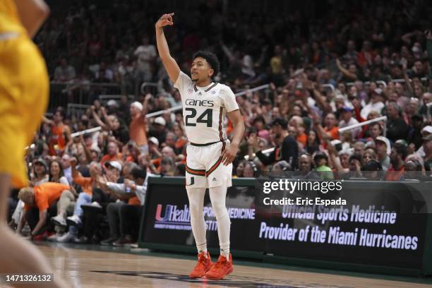 Nijel Pack of the Miami Hurricanes reacts after hitting a three point shot during the second half of the game against the Pittsburgh Panthers at...