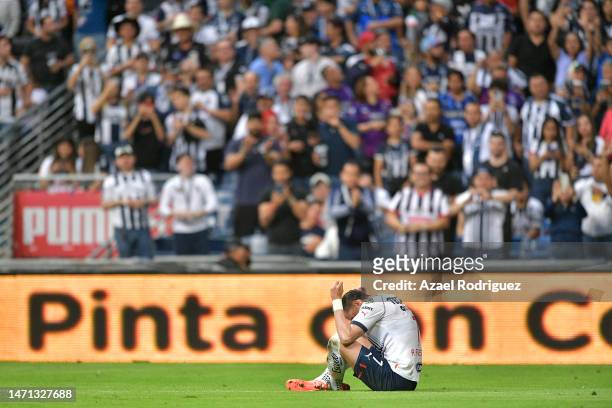 Rogelio Funes Mori of Monterrey celebrates after scoring the team's third goal during the 10th round match between Monterrey and FC Juarez as part of...