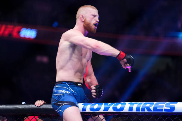 Bo Nickal celebrates his win over Jamie Pickett in a middleweight fight during the UFC 285 event at T-Mobile Arena on March 04, 2023 in Las Vegas,...