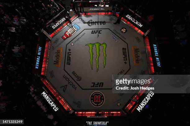 An overhead view of the Octagon during the UFC 285 event at T-Mobile Arena on March 04, 2023 in Las Vegas, Nevada.
