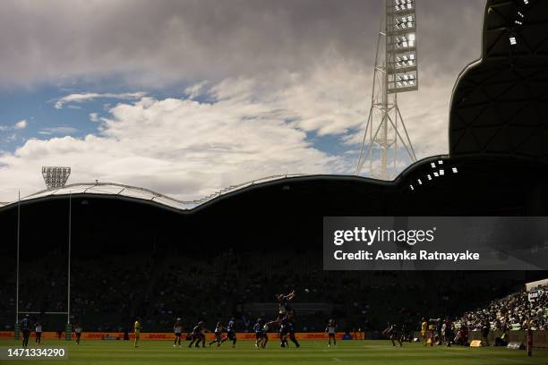 General view as players contest for a line out during the round two Super Rugby Pacific match between Blues and ACT Brumbies at AAMI Park, on March...