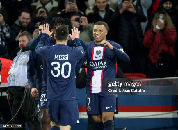 Kylian Mbappe of PSG celebrates scoring his 201st goal for PSG - becoming PSG top scorer in history surpassing Edison Cavani and his 200 goals - with...