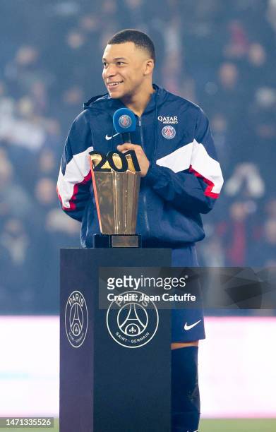 Kylian Mbappe of PSG celebrates his 201st goal for PSG - becoming PSG top scorer in history, surpassing Edison Cavani and his 200 goals - during a...