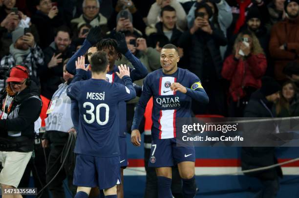 Kylian Mbappe of PSG celebrates scoring his 201st goal for PSG - becoming PSG top scorer in history surpassing Edison Cavani and his 200 goals - with...