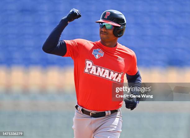 Catcher Christian Bethancourt of Team Panama reacts after hitting a three run homerun at the top of the first inning during the World Baseball...