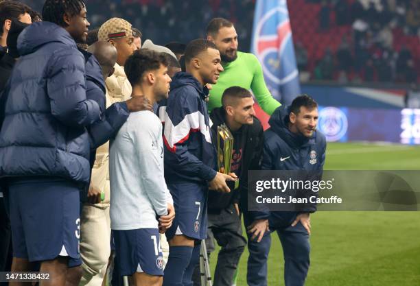 Kylian Mbappe of PSG celebrates his 201st goal for PSG - becoming PSG top scorer in history, surpassing Edison Cavani and his 200 goals - during a...