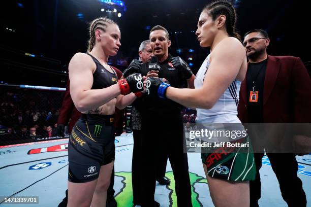 Opponents Valentina Shevchenko of Kyrgyzstan and Alexa Grasso of Mexico face off prior to the UFC flyweight championship fight during the UFC 285...