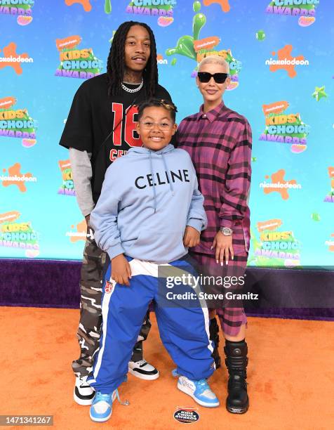 Wiz Khalifa, Sebastian Taylor Thomaz, Amber Rose arrives at the Nickelodeon's 2023 Kids' Choice Awards at Microsoft Theater on March 04, 2023 in Los...