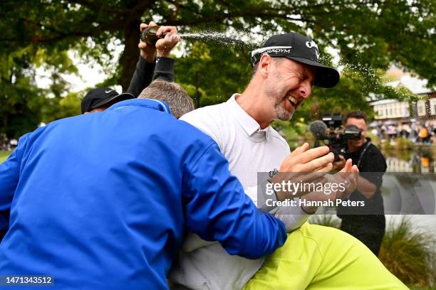 Brendan Jones of Australia celebrates after winning the 2023 New Zealand Open during day four of the 2023 New Zealand Open at Millbrook Resort on...