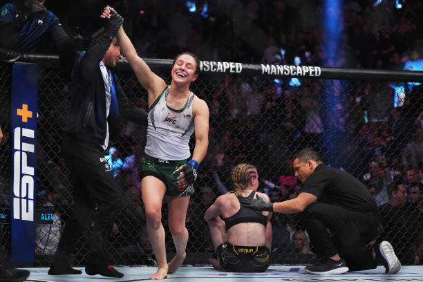 Alexa Grasso of Mexico reacts to her win over Valentina Shevchenko of Kyrgyzstan in the UFC flyweight championship fight during the UFC 285 event at...