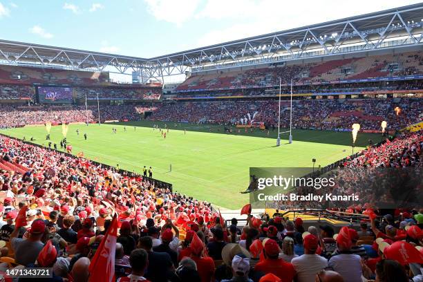 General view of the stadium is seen as the Dolphins team run out for their first ever NRL match during the round one NRL match between the Dolphins...