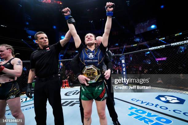 Alexa Grasso of Mexico reacts to her win during the UFC 285 event at T-Mobile Arena on March 04, 2023 in Las Vegas, Nevada.