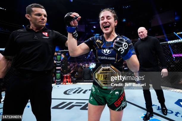 Alexa Grasso of Mexico reacts to her win during the UFC 285 event at T-Mobile Arena on March 04, 2023 in Las Vegas, Nevada.