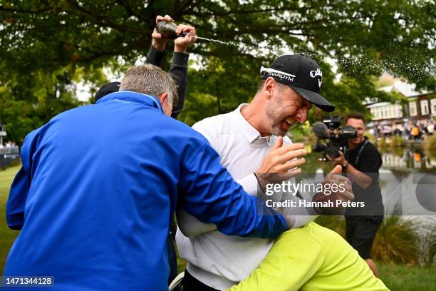 Brendan Jones of Australia celebrates after winning the 2023 New Zealand Open during day four of the 2023 New Zealand Open at Millbrook Resort on...