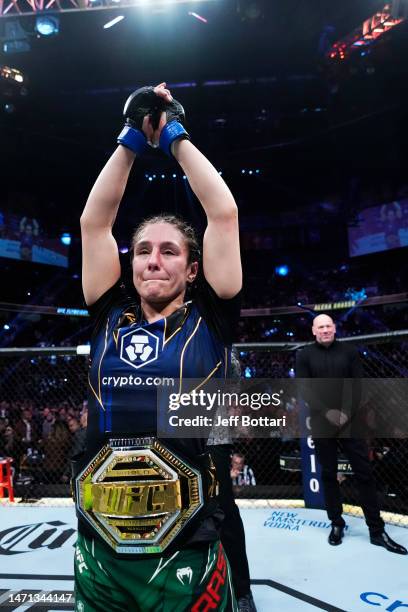 Alexa Grasso of Mexico reacts to her win during the UFC 285 event at T-Mobile Arena on March 04, 2023 in Las Vegas, Nevada.