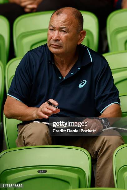 Wallabies coach Eddie Jones looks on during the round two Super Rugby Pacific match between Western Force and Queensland Reds at AAMI Park, on March...