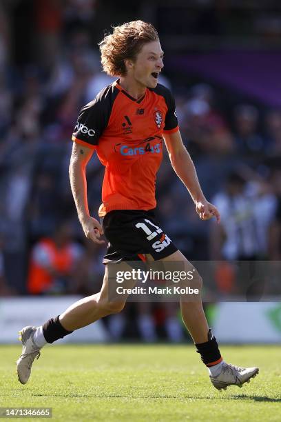 Jez Lofthouse of the Roar celebrates scoring a goal during the round 19 A-League Men's match between Macarthur FC and Brisbane Roar at Campbelltown...