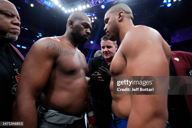 Jon Jones faces Ciryl Gane of France inside the Octagon in the UFC heavyweight championship fight during the UFC 285 event at T-Mobile Arena on March...