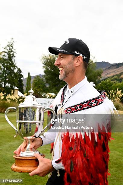 Brendan Jones of Australia celebrates with the trophy after winning the 2023 New Zealand Open during day four of the 2023 New Zealand Open at...