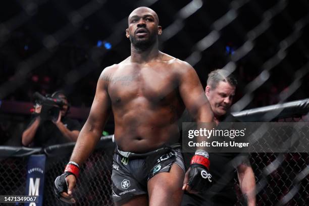 Jon Jones reacts to his win in the UFC heavyweight championship fight during the UFC 285 event at T-Mobile Arena on March 04, 2023 in Las Vegas,...