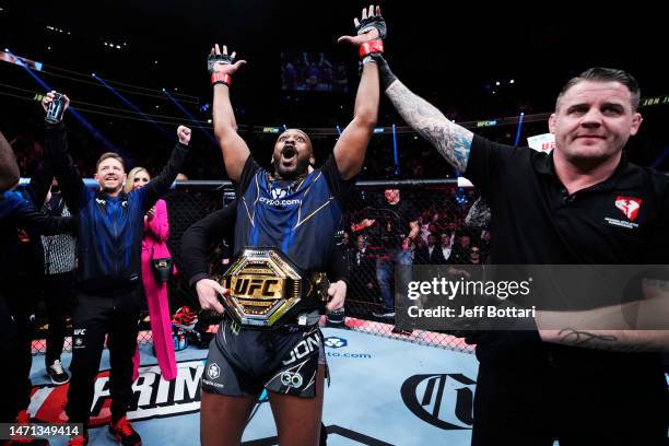 Jon Jones reacts to his win in the UFC heavyweight championship fight during the UFC 285 event at T-Mobile Arena on March 04, 2023 in Las Vegas,...