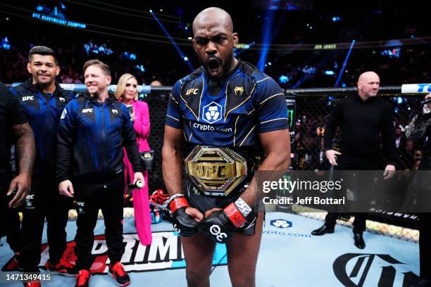 Jon Jones reacts to his win in the UFC heavyweight championship fight during the UFC 285 event at T-Mobile Arena on March 04, 2023 in Las Vegas,...