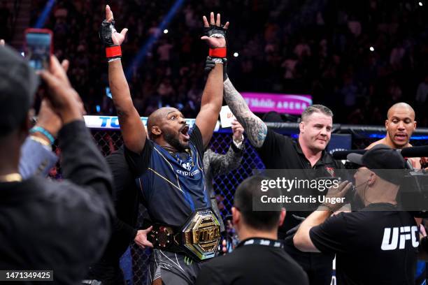 Jon Jones reacts to his win in the UFC heavyweight championship fight during the UFC 285 event at T-Mobile Arena on March 04, 2023 in Las Vegas,...