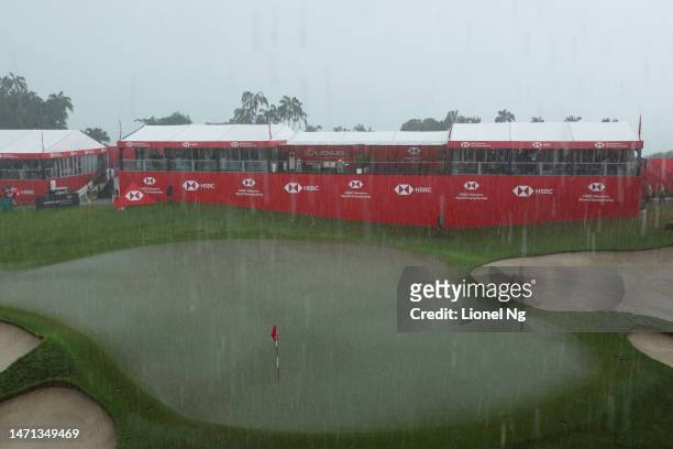 General view of the eighteenth green after play was suspended due to rain during Day Four of the HSBC Women's World Championship at Sentosa Golf Club...