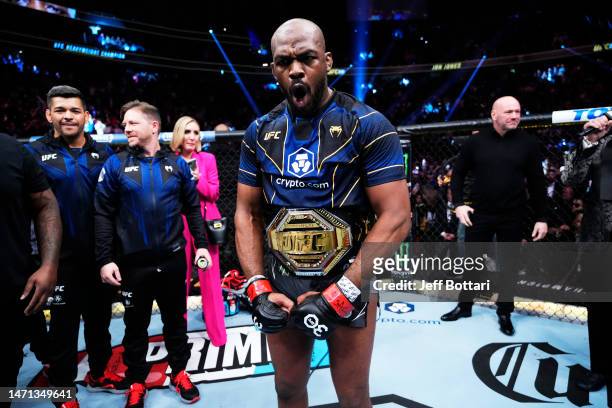 Jon Jones reacts to his win in the UFC heavyweight championship fight during the UFC 285 event at T-Mobile Arena on March 04, 2023 in Las Vegas,...