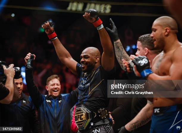 Jon Jones reacts to his win in the UFC heavyweight championship fight during the UFC 285 event at T-Mobile Arena on March 04, 2023 in Las Vegas,...