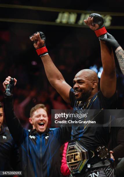 Jon Jones reacts to his win in the UFC heavyweight championship fight during the UFC 285 event at T-Mobile Arena on March 04, 2023 in Las Vegas,...