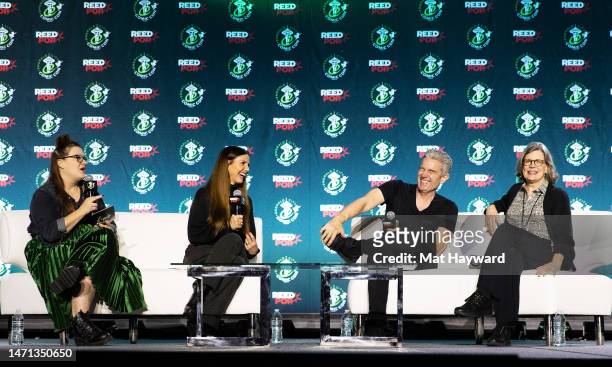 Guest moderator, Charisma Carpenter, James Marsters, and Kristine Sutherland speak onstage during the 'Grab Your Crosses, It's a Buffy the Vampire...