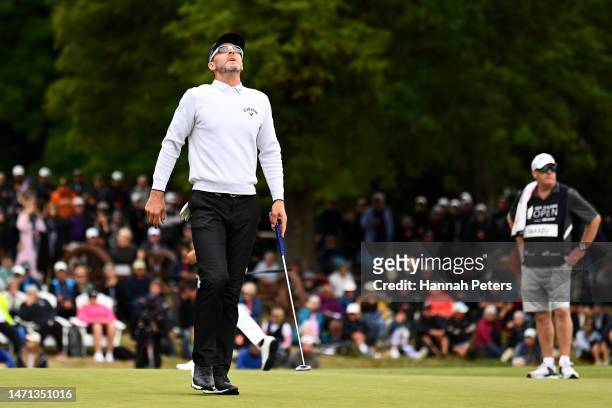 Brendan Jones of Australia reacts on the 18th green during the 2023 New Zealand Open during day four of the 2023 New Zealand Open at Millbrook Resort...