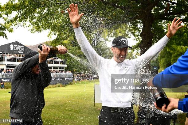 Brendan Jones of Australia celebrates after winning the 2023 New Zealand Open during day four of the 2023 New Zealand Open at Millbrook Resort on...