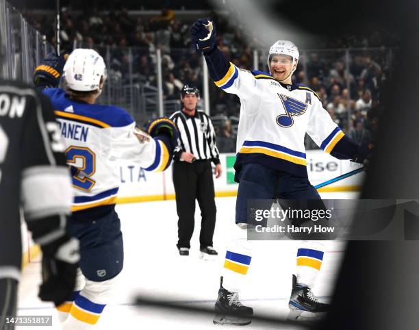 Colton Parayko of the St. Louis Blues celebrates the goal of Kasperi Kapanen, to tie the game 2-2 with the Los Angeles Kings, during a 4-2 Kings win...