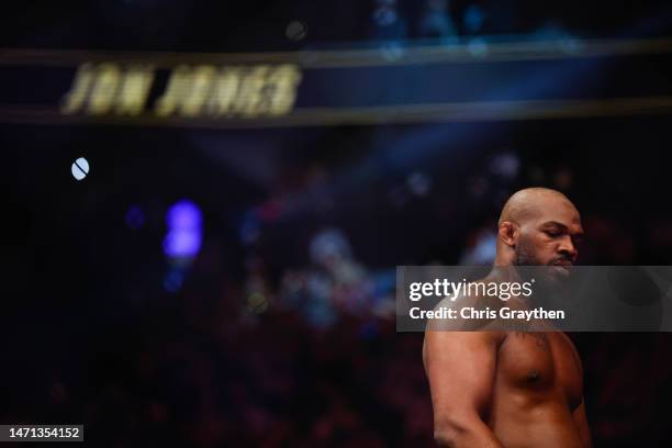 Jon Jones looks on during the UFC heavyweight championship fight against Ciryl Gane of France during the UFC 285 event at T-Mobile Arena on March 04,...