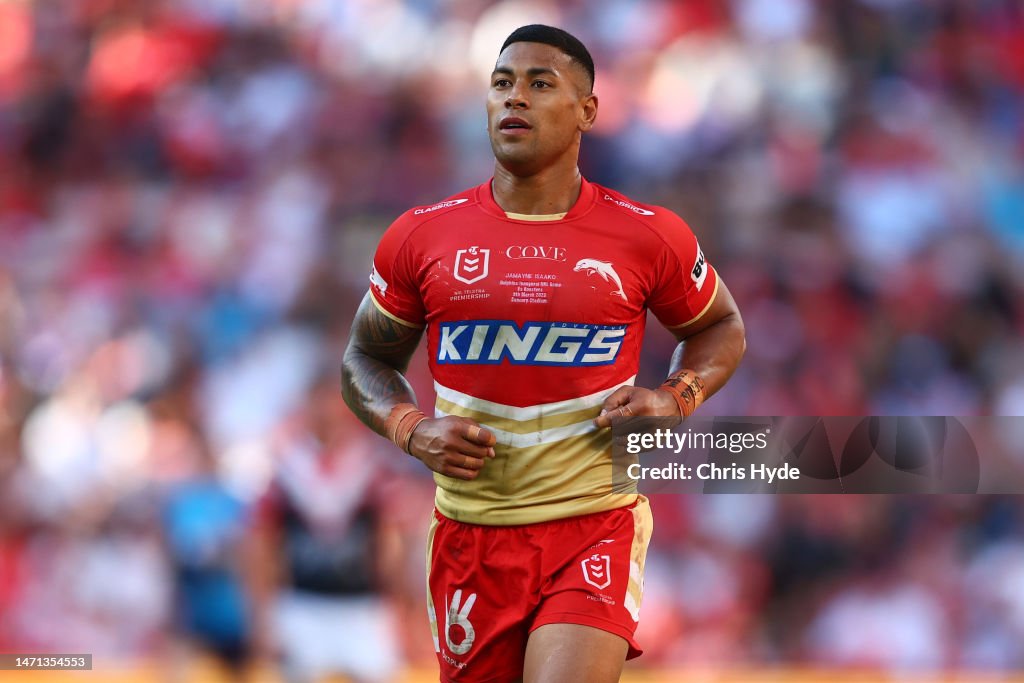 Issako Jamayne Isaako of the Dolphins looks on during the round one NRL ...