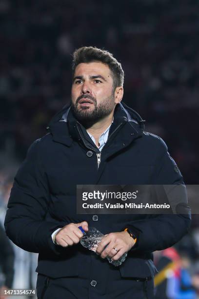 Adrian Mutu, the coach of Rapid Bucuresti is seen during the game between Rapid Bucuresti and AFC Hermannstadt in Round 29 of Liga 1 Romania at Rapid...