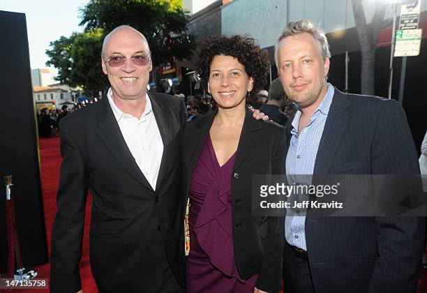 Producer Moritz Borman, Co-Chairman of Universal Pictures Donna Langley and producer Eric Kopeloff arrive at the Los Angeles Premiere of "Savages" at...